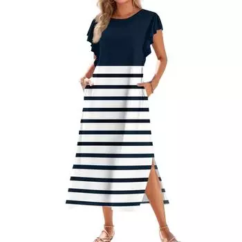 Женское модное летнее повседневное пляжное платье с плиссированными рукавами, свободными полосатыми короткими рукавами, круглыми завязками и карманами XL тёмно-синий