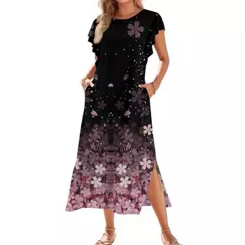 Женское модное летнее повседневное пляжное платье с плиссированными рукавами, свободным ретро-цветочным принтом, короткими рукавами, круглым завязкой и карманом XL