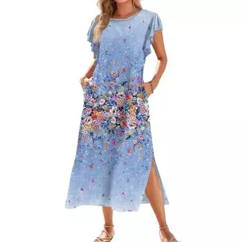 Женское модное летнее повседневное пляжное платье с плиссированными рукавами, свободным ретро-цветочным принтом, короткими рукавами, круглым завязкой и карманом XL синий
