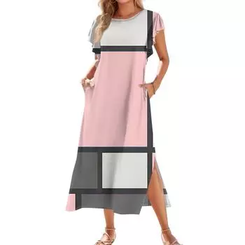Женское модное летнее повседневное пляжное платье с короткими рукавами, круглыми завязками, карманами и цветными блоками, с короткими рукавами и принтом в стиле пэчворк XXL розовый