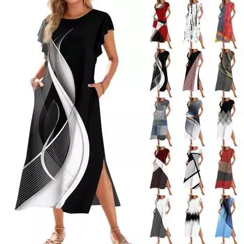 Женское модное летнее повседневное пляжное платье с короткими рукавами, круглыми завязками, карманами и цветными блоками, с короткими рукавами и принтом в стиле пэчворк L чёрный