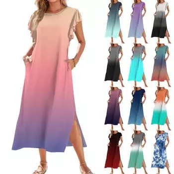 Женское модное летнее повседневное пляжное платье с плиссированными рукавами, свободными короткими рукавами с градиентным принтом, круглым галстуком и карманом L армия зеленый