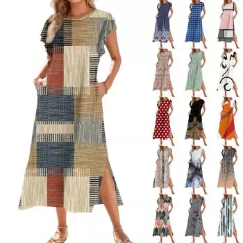 Женское модное летнее повседневное пляжное платье с короткими рукавами, круглыми завязками, карманами и цветными блоками, с короткими рукавами и принтом в стиле пэчворк L армия зеленый