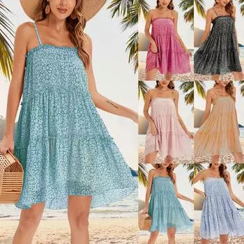 Женское модное летнее шифоновое бюстье с цветочным принтом, сексуальное курортное платье L зелёный