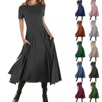 Женское модное летнее сплошное платье-пуловер с короткими рукавами и карманами XXL