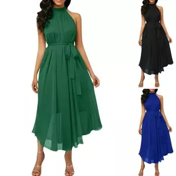 Женское модное летнее сплошное шифоновое платье без рукавов с поясом и плиссировкой XXXXXL зелёный