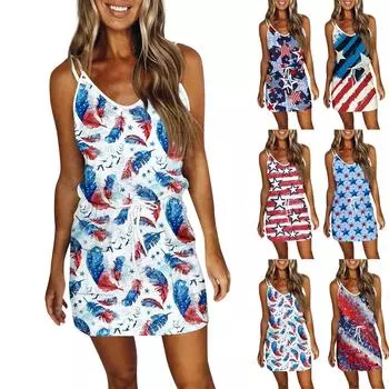 Женское модное летнее свободное платье без рукавов с карманом и v-образным вырезом с принтом M синий