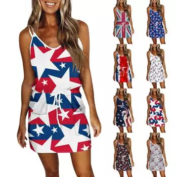 Женское модное летнее свободное платье без рукавов с карманом и v-образным вырезом с принтом L синий