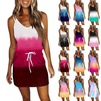 Женское модное летнее свободное платье без рукавов с карманом и v-образным вырезом с принтом L чёрный