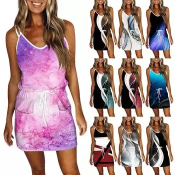 Женское модное летнее свободное платье без рукавов с карманом и v-образным вырезом с принтом L чёрный