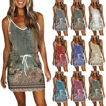 Женское модное летнее свободное платье без рукавов с карманом и v-образным вырезом с принтом L
