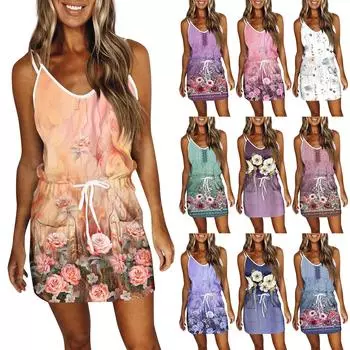 Женское модное летнее свободное платье без рукавов с карманом и v-образным вырезом с принтом XXL синий