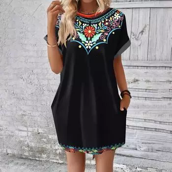 Женское модное летнее свободное платье-футболка средней длины с принтом и короткими рукавами L чёрный