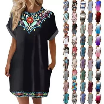 Женское модное летнее свободное платье-футболка средней длины с принтом и короткими рукавами L чёрный