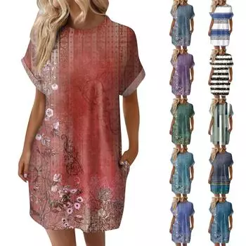 Женское модное летнее свободное платье-футболка средней длины с принтом и короткими рукавами L чёрный