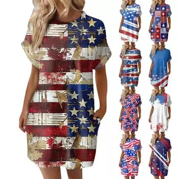 Женское модное летнее свободное платье-футболка средней длины с принтом и короткими рукавами L синий