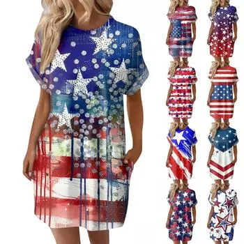 Женское модное летнее свободное платье-футболка средней длины с принтом и короткими рукавами L синий