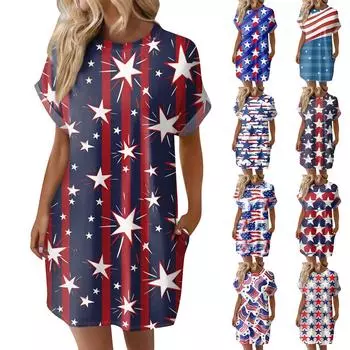 Женское модное летнее свободное платье-футболка средней длины с принтом и короткими рукавами L синий