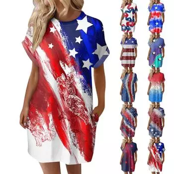 Женское модное летнее свободное платье-футболка средней длины с принтом и короткими рукавами L синий