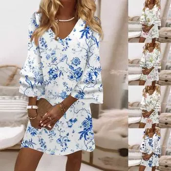 Женское модное летнее темпераментное элегантное мини-платье с v-образным вырезом и рукавами 3/4 со свежим принтом XXL белый