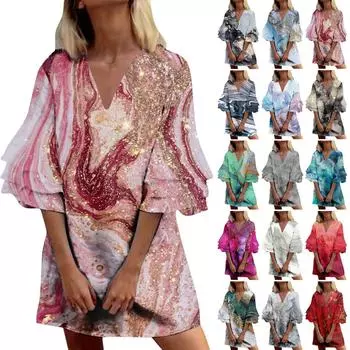 Женское модное летнее темпераментное элегантное мини-платье с v-образным вырезом и рукавами 3/4 со свежим принтом L циан