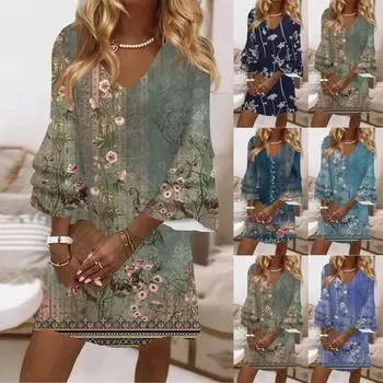 Женское модное летнее темпераментное элегантное мини-платье с v-образным вырезом и рукавами 3/4 в стиле ретро L