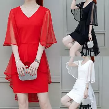 Женское модное летнее женское элегантное вечернее платье с v-образным вырезом и коротким рукавом L чёрный