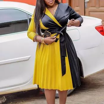 Женское модное лоскутное платье большого размера с длинными рукавами, элегантное женское цельное плиссированное платье с повязками S жёлтый