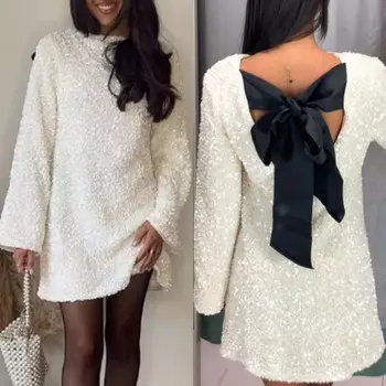 Женское модное мини-платье с блестками и бантом, элегантное короткое вечернее платье с длинным рукавом и шнуровкой, праздничная одежда 2XL чёрный