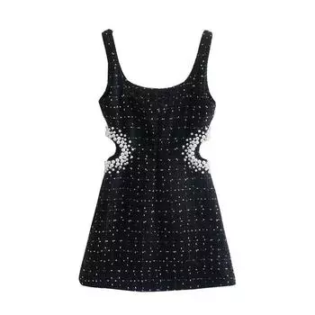 Женское модное мини-платье с жемчугом, черное, с вырезом на спине, на молнии, винтажные бретели, квадратный вырез, женские шикарные платья L чёрный