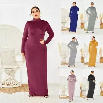 Женское модное мусульманское платье с длинным рукавом, однотонное платье с высоким воротом, повседневное тонкое элегантное длинное платье XXL вино красного