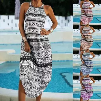 Женское модное новое летнее свободное платье без рукавов с круглым вырезом и принтом L хаки