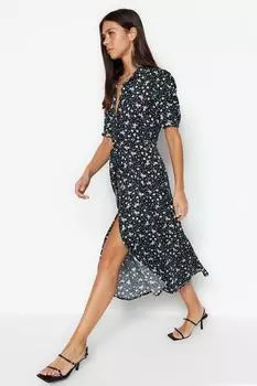 Женское модное новое платье, черное тканое платье-рубашка с разрезом и цветочным узором