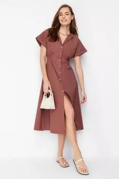 Женское модное новое платье, коричневое тканое платье-рубашка миди с открытой талией