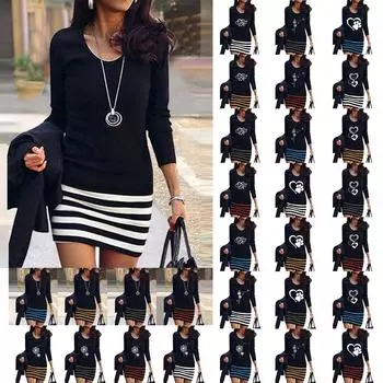 Женское модное новое платье с круглым вырезом и длинными рукавами, повседневное платье в полоску M синий