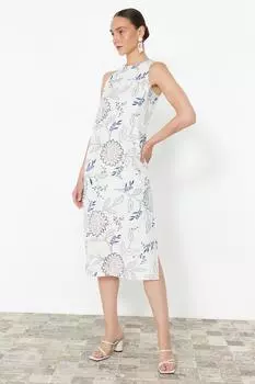 Женское модное новое платье, синее тканое платье миди прямого кроя с этническим рисунком