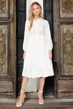 Женское модное новое платье, тканое платье-рубашка миди с вышивкой цвета экрю