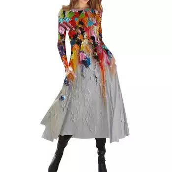 Женское модное облегающее платье миди с круглым вырезом и длинным рукавом с цветочным принтом S