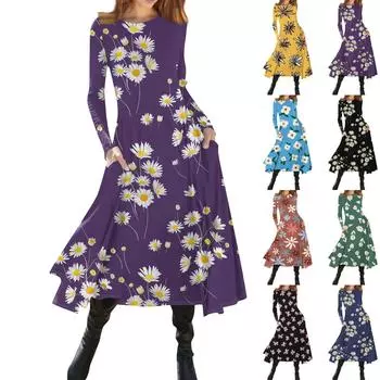 Женское модное облегающее платье миди с круглым вырезом и длинным рукавом с цветочным принтом XXL чёрный