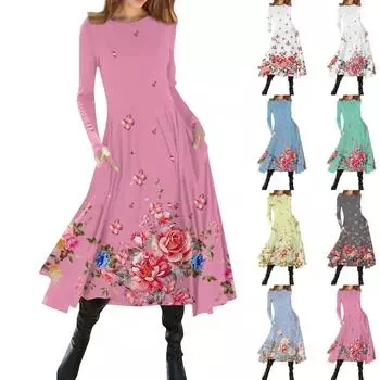 Женское модное облегающее платье миди с круглым вырезом и длинным рукавом с цветочным принтом XL