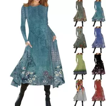 Женское модное облегающее платье миди с круглым вырезом и длинным рукавом с цветочным принтом L синий