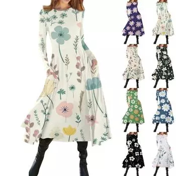 Женское модное облегающее платье миди с круглым вырезом и длинным рукавом с цветочным принтом S синий