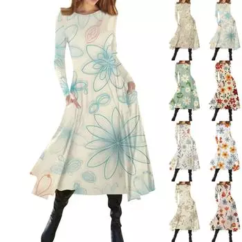 Женское модное облегающее платье миди с круглым вырезом и длинным рукавом с цветочным принтом L хаки