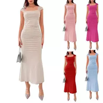 Женское модное облегающее платье-рыбий хвост, плиссированное однотонное длинное платье-жилет L розовый