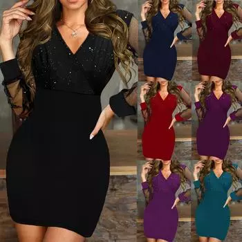 Женское модное облегающее платье с блестками, элегантное платье с длинным рукавом и v-образным вырезом, облегающее вечернее платье, платье для торжественных случаев S озеро синий