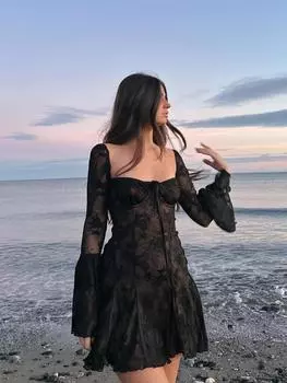 Женское модное облегающее платье с квадратным вырезом, элегантное сетчатое кружевное мини-платье без бретелек с длинным рукавом, новое женское вечернее платье S абрикосовый света