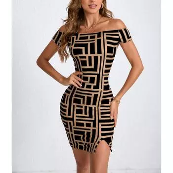 Женское модное облегающее платье с принтом и одной линией плеча XS черный коричневый