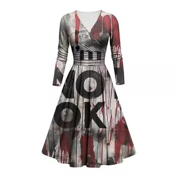 Женское модное облегающее платье с V-образным вырезом и длинным рукавом с принтом на Хэллоуин XL