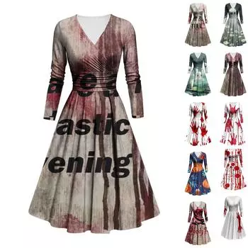 Женское модное облегающее платье с V-образным вырезом и длинным рукавом с принтом на Хэллоуин XXXL