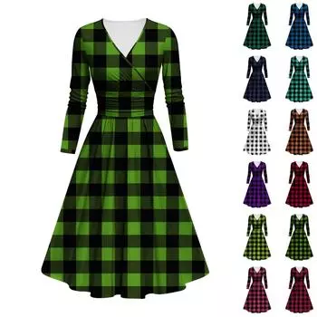 Женское модное облегающее платье с V-образным вырезом и длинными рукавами, клетчатым принтом и оборками, повседневное платье XXXXXL